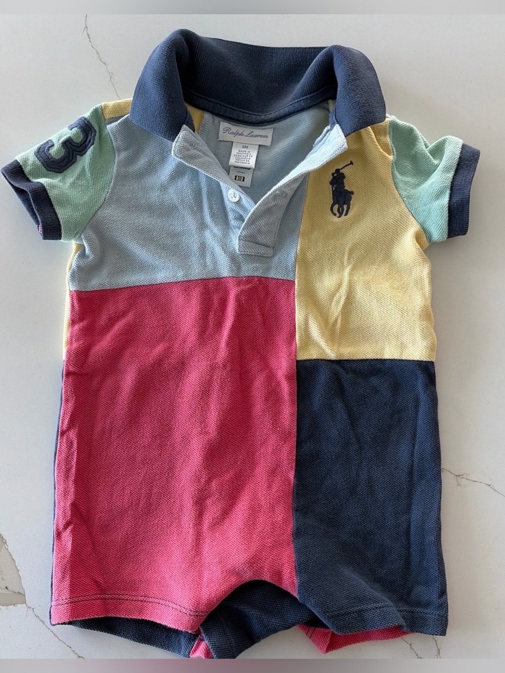 Ralph Lauren Big Pony Polo Romper 6M Colorblock Baby Boy Preppy